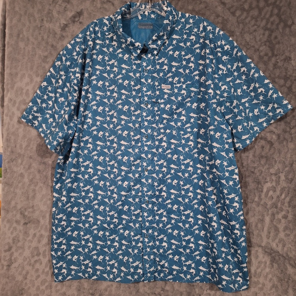 Columbia PFG Mens Blue Marlin Palm Tree Print Short Sleeve Fishing Shirt XXL